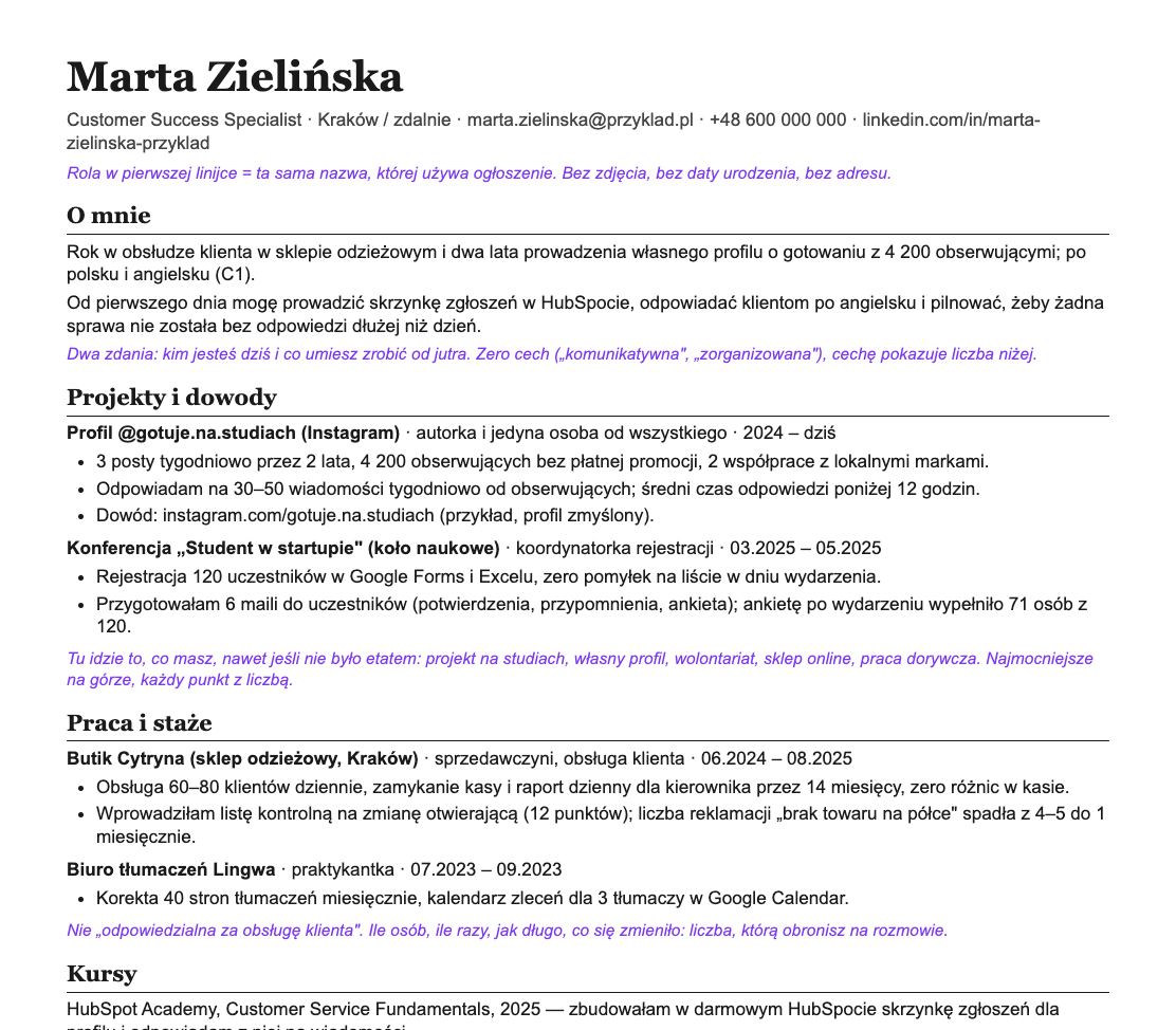Podgląd: pierwsza strona wypełnionego CV Marty Zielińskiej z fioletowymi podpowiedziami
