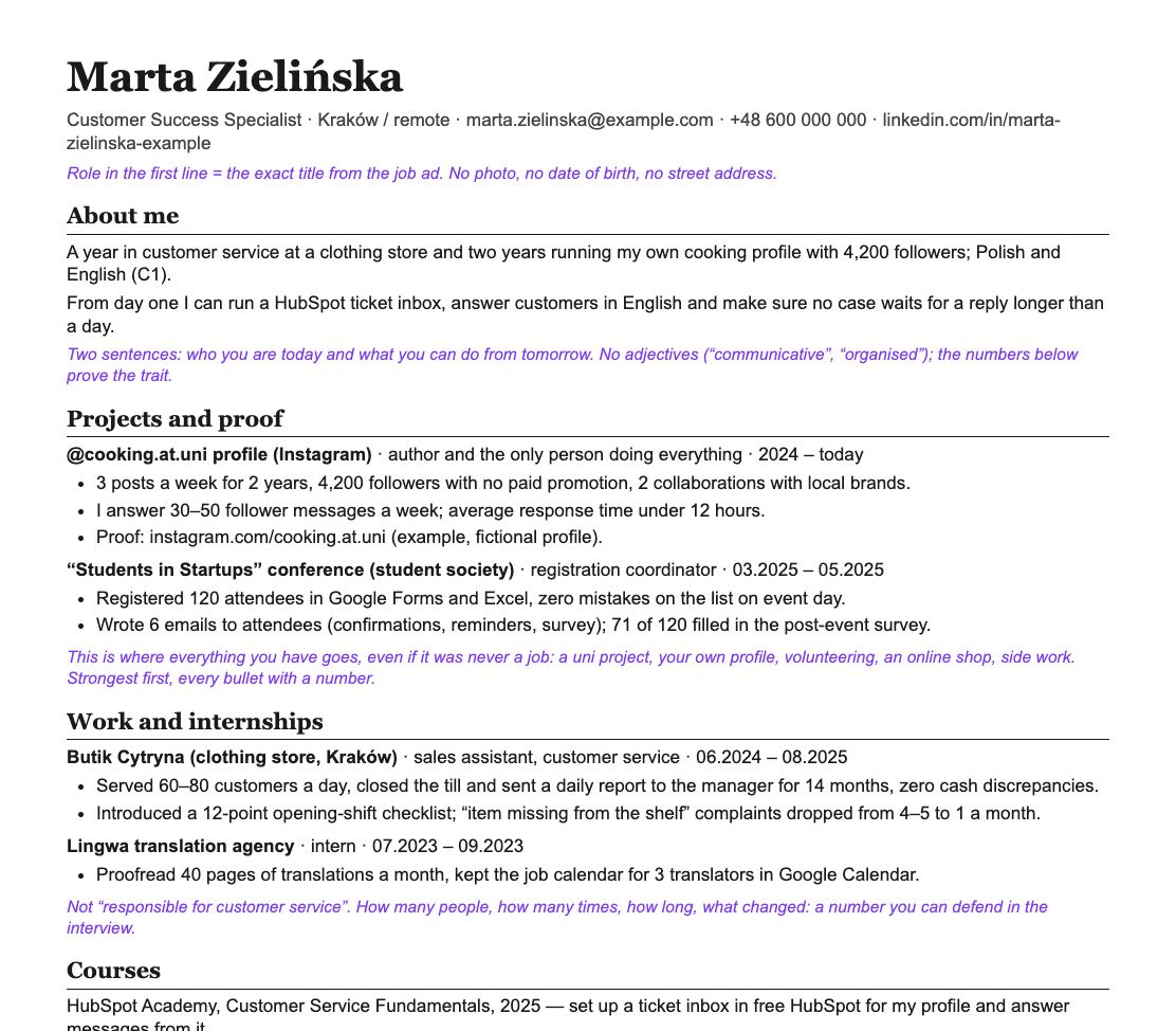 Preview: first page of Marta Zielińska’s filled-in CV with purple hints