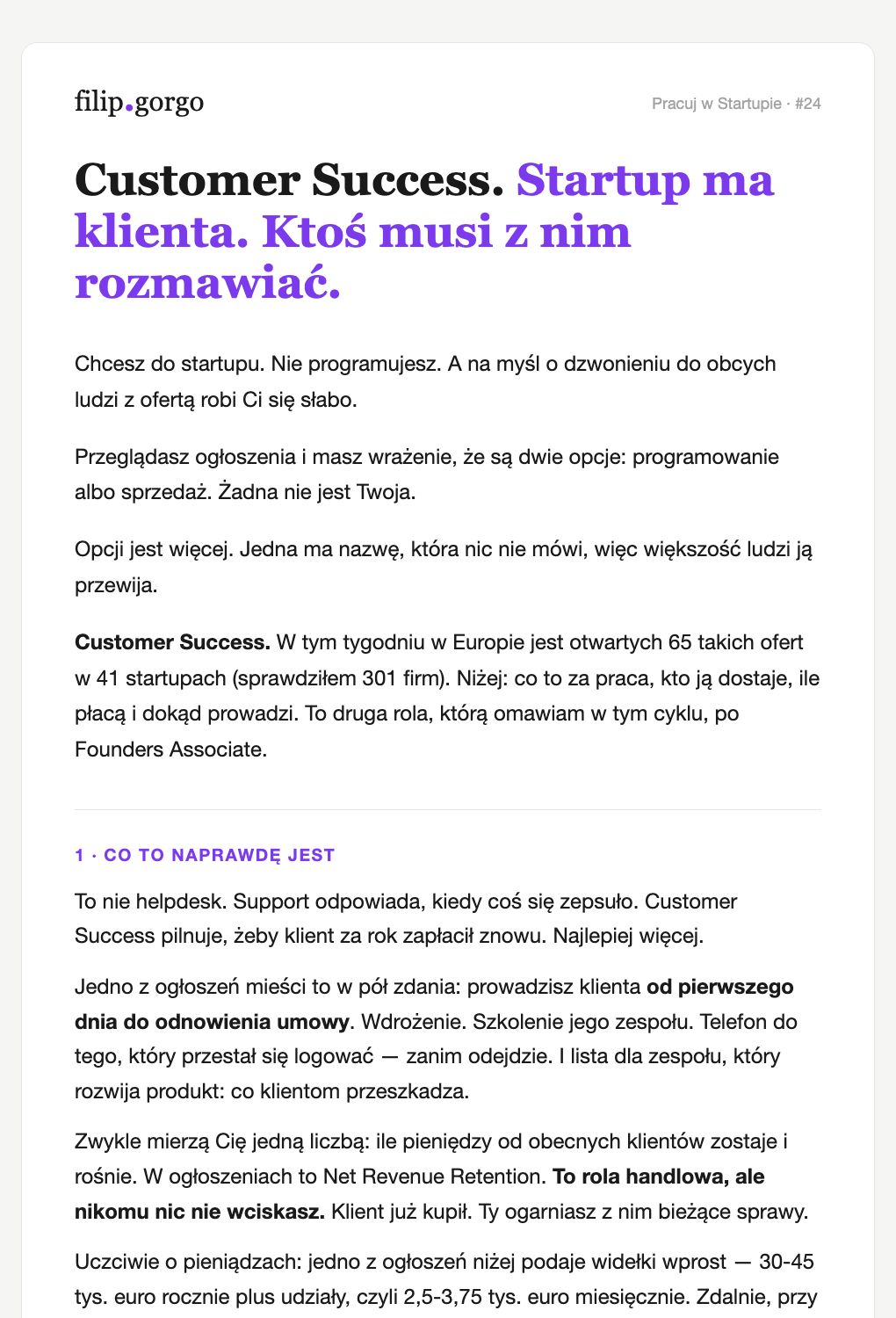 Początek newslettera Pracuj w Startupie #24 o Customer Success